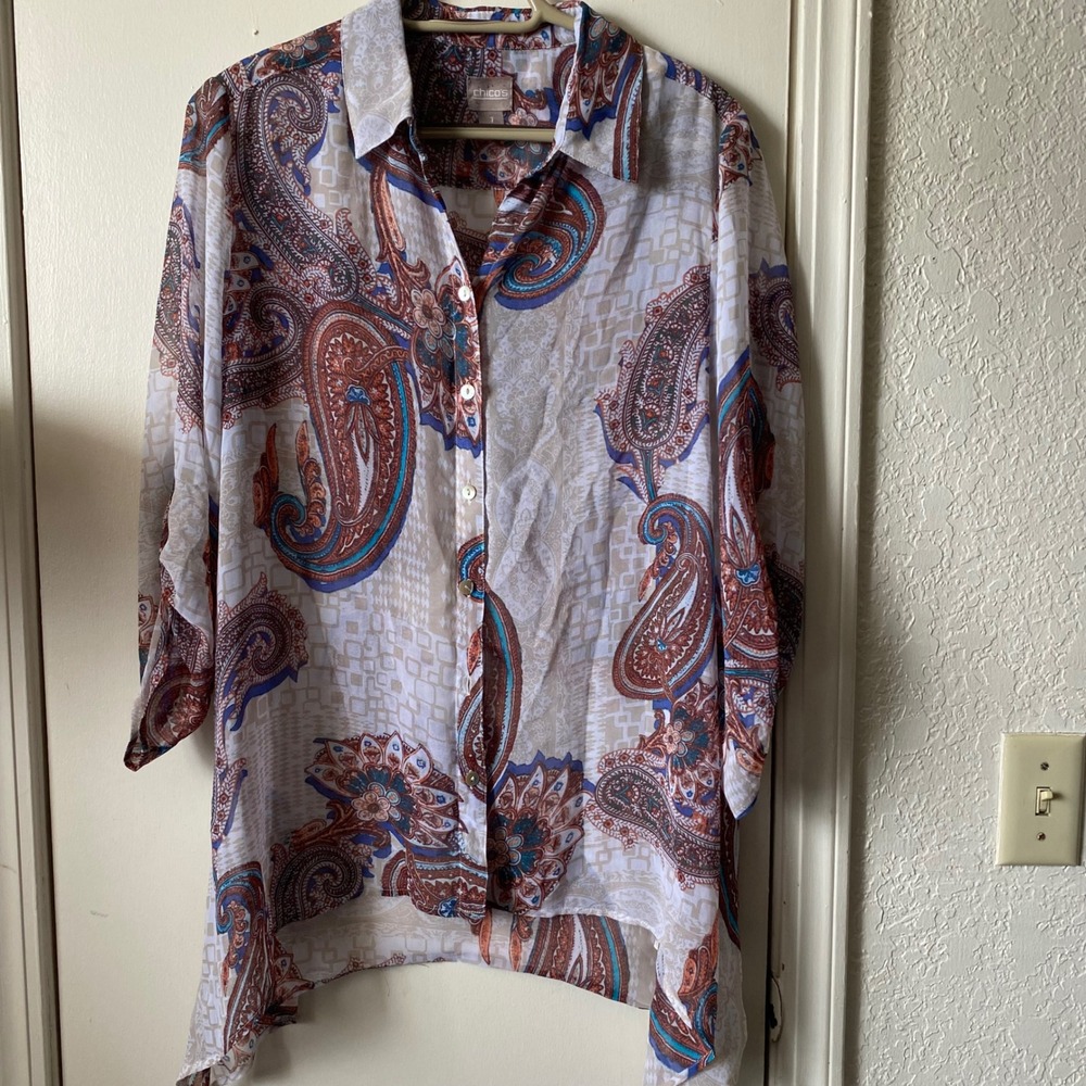 Chicos Womens Paisley Geometric Sheer Button Down Blouse Top Earth Tones Size 1